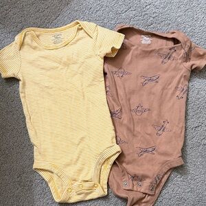 Carter's Yellow Striped and Brown Airplane Bodysuits